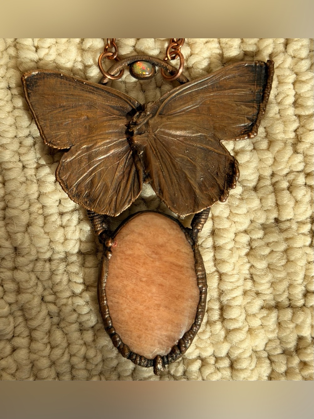 Electroplated copper REAL butterfly necklace w/sunstone and opal necklace